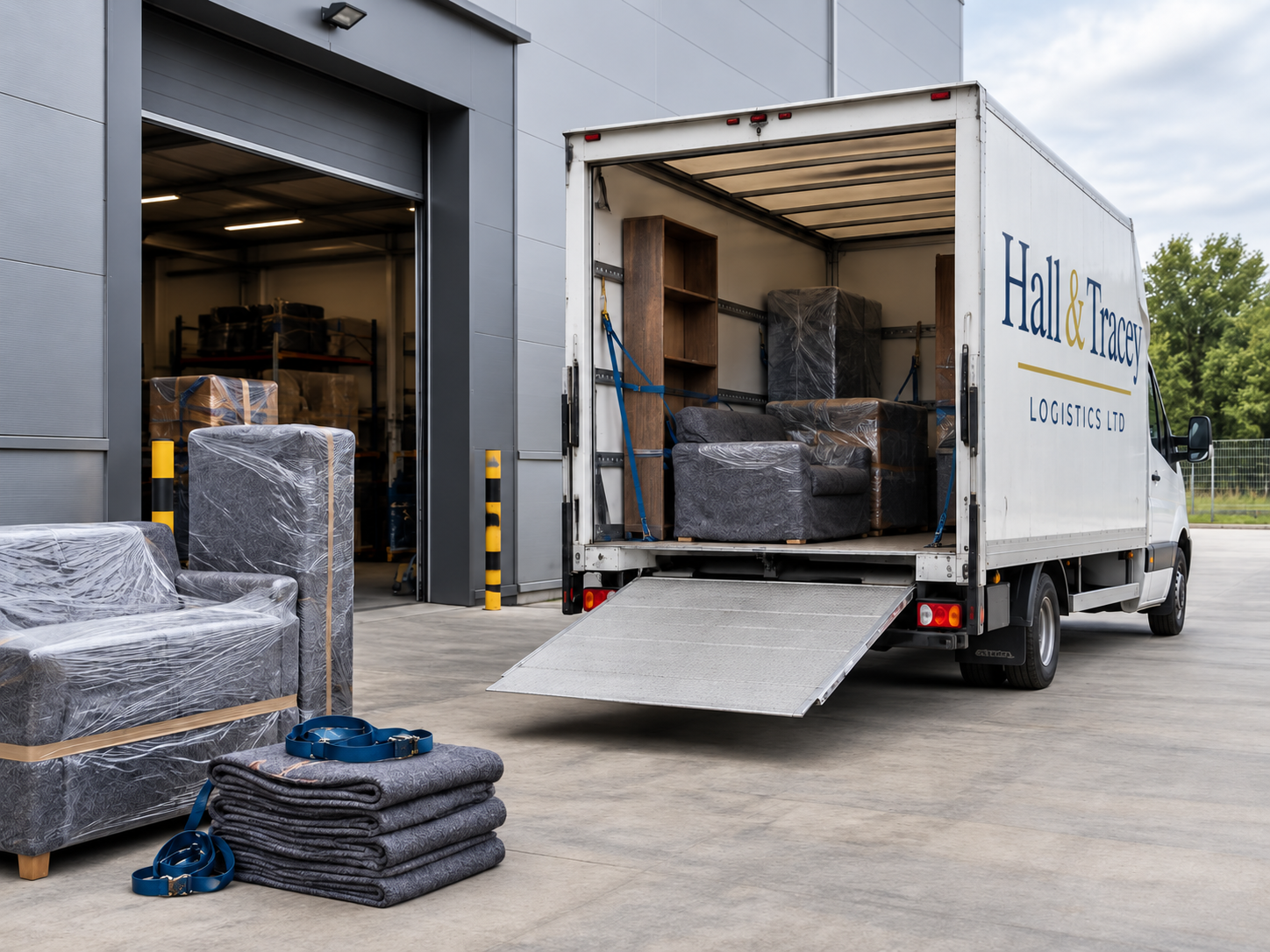 Wrapped furniture beside a Hall & Tracey Logistics Luton van with its tail lift deployed