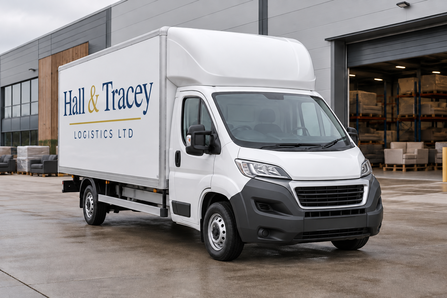 Hall & Tracey Logistics 3.5-tonne Luton van outside a furniture warehouse